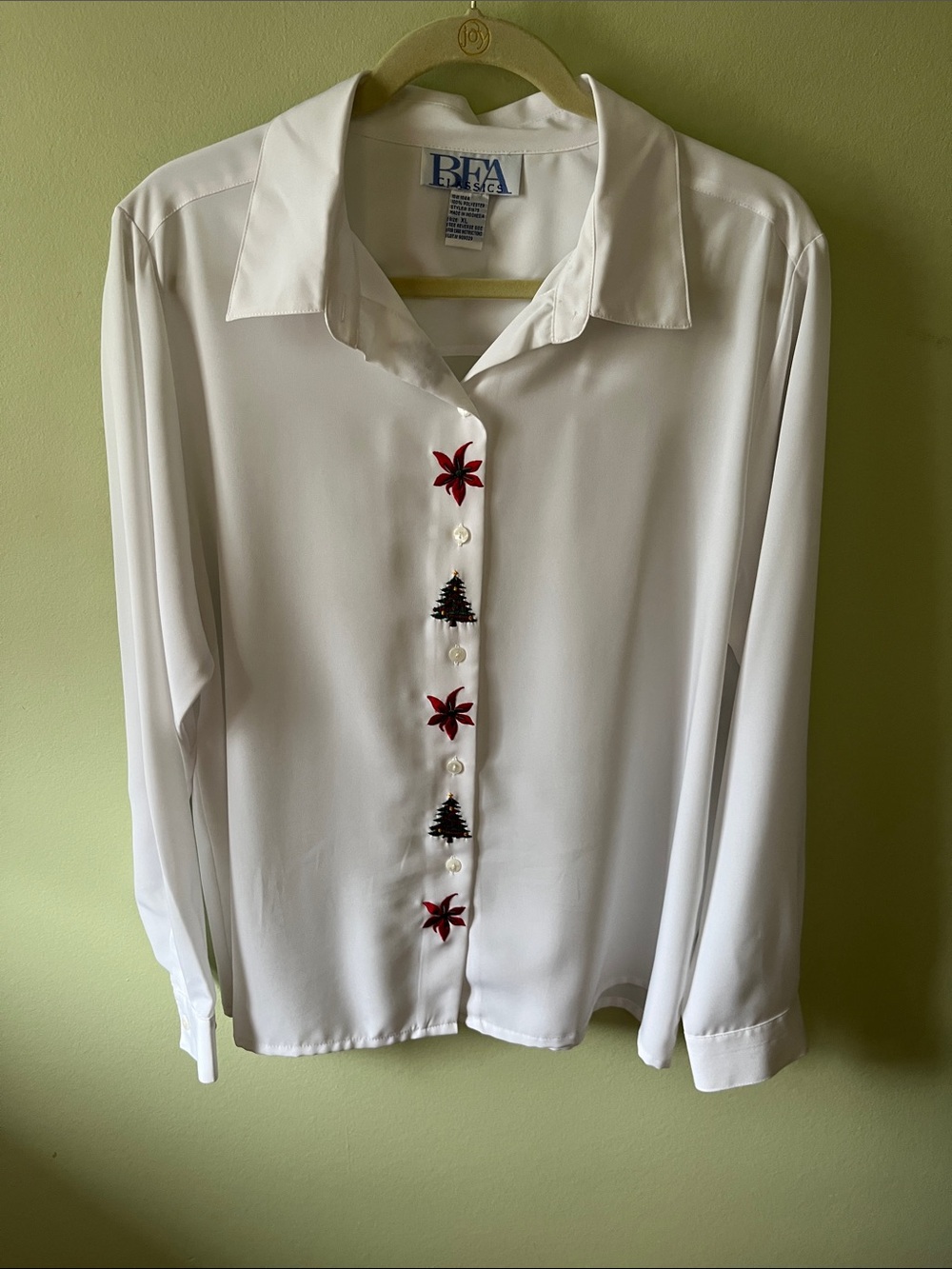 BFA Classics White button front blouse w/ poinsettia & tree embroidery.